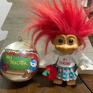 Smurf Satin Ornament No 1 Teacher and A+ Teacher Troll Doll Vintage